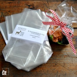 10 Kreuzbodenbeutel aus Folie. Transparent. Geeignet zum Verpacken von Süßigkeiten, Keksen usw.. (Lieferung ohne Dekoration)