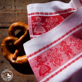 Geschirrtuch "Tiroler Paar" mit beidseitig gewebter Bordüre in Rot-Weiß und traditionellem Webmuster. (Lieferung OHNE Dekoration)