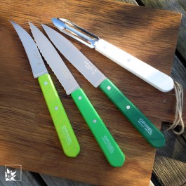 Zum Küchenmesserset von Opinel mit den grünen Buchenholzgriffen gehört ein Gemüse-/ Kartoffelschäler.