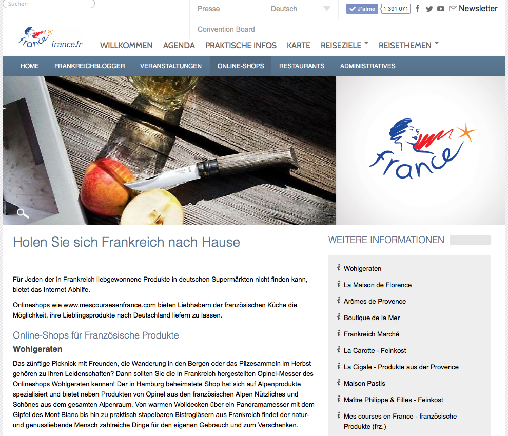 Onlineshop Wohlgeraten - Empfehlung von Frankreich Tourismus